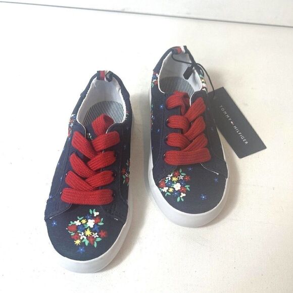 NEW Tommy Hilfiger Toddler Girls Sneakers Blue/Red Floral Size 7 Lace Up Low Top - Picture 2 of 10